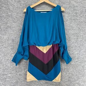 New Bailey Blue Dress Women M Medium Blue Color Block Long Sleeve Open Shoulder